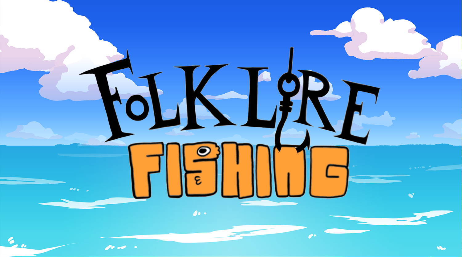 An image showing the logo for the game Folklore Fishing, it features the word folkore stylized in black with a fishing hook for the second O, and the word Fishing stylized in orange fish coloring, the S has eyes and fins like a fish, the hook from above is hooking into the N. The background is open ocean.