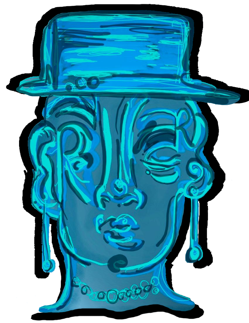 The logo for the website. It depicts a humanoid figure in an abstract style, and they wear a hat as well as jewlery. It is colored various shades of blue.